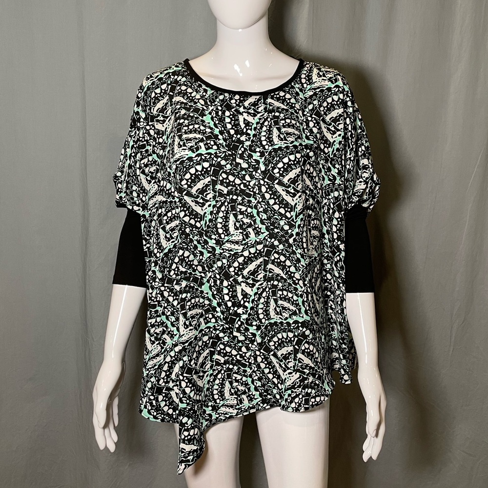 Kaari Blue Abstract Flowing Blouse Mint Black SALE